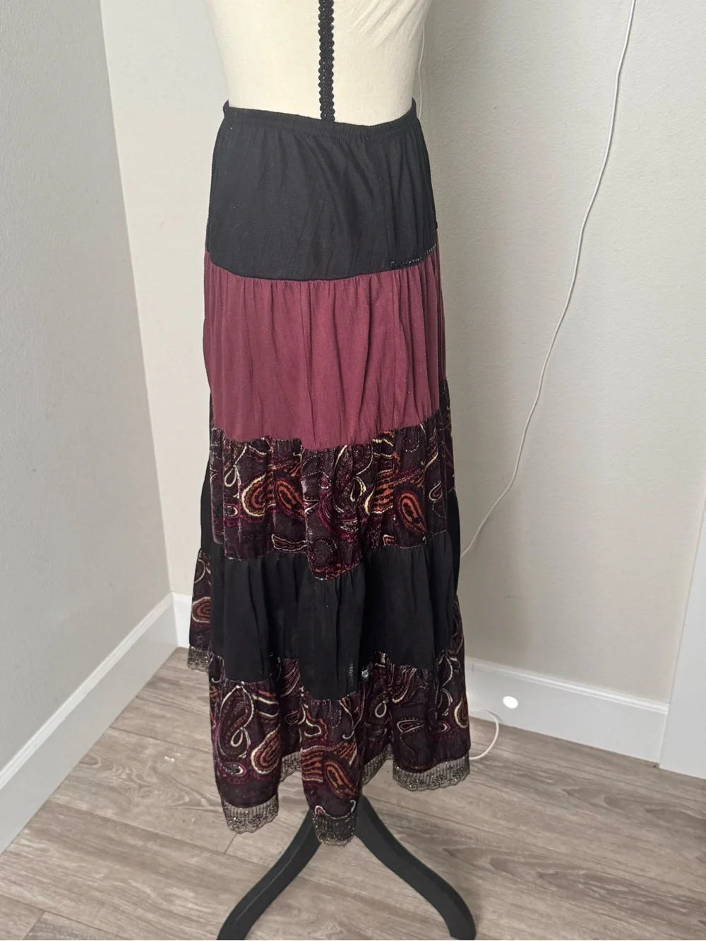 Vintage 90s FANG Whimsigoth Tiered Paisley Maxi Skirt Burgundy Black